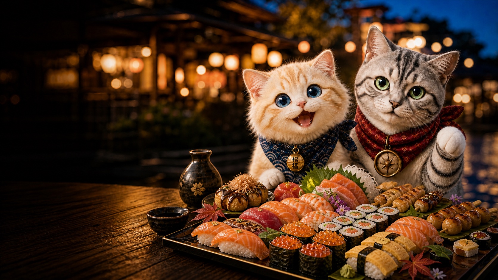 夕暮れの日本の街で、サーモン、いくら、巻き寿司などの豪華な寿司を前に旅を楽しむモグとタビ